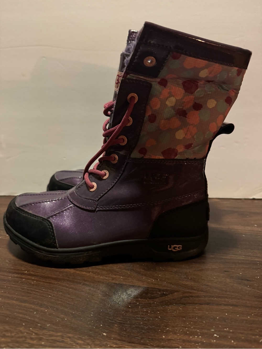 UGG Kids Purple Lace-Up Winter Boot with Multicolor Polka Shaft